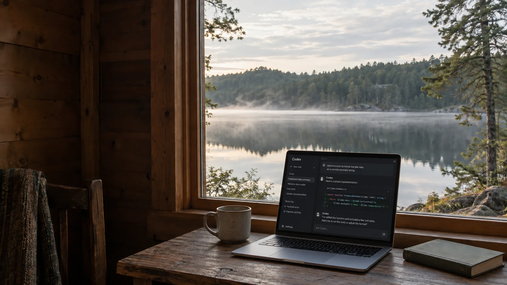 An imagined timber cabin overlooking a still lake and misty, wooded shore. An open laptop showing Codex sits on the table beside a coffee cup and book.
