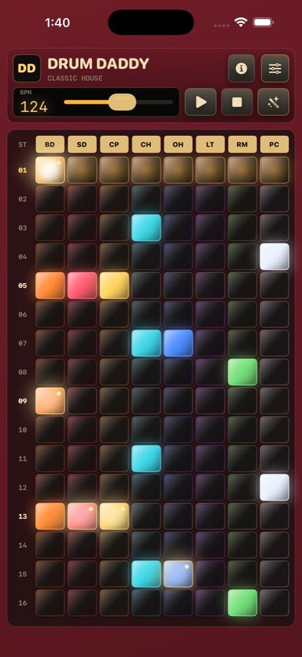 Drum Daddy iPhone screen showing a 16-step drum sequencer.