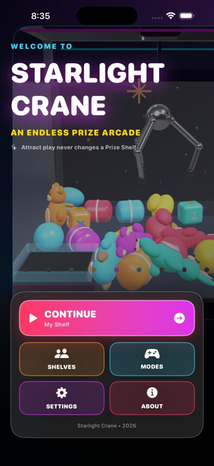 Starlight Crane iPhone screen showing the prize arcade.