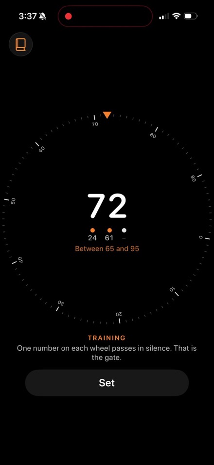 Three Tells iPhone screen showing the safe dial and final wheel number.